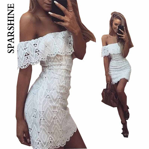 Lady Summer Off The Shoulder Lace Dress Sexy Elegant Ruffles Party Dresses Vestidos Robes Slash Neck Open Back Mini Women Dress