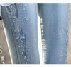Lady jewelry diamond embroidered street denim pants women light blue hallow out hole jeans punk ankle leggings