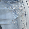 Lady jewelry diamond embroidered street denim pants women light blue hallow out hole jeans punk ankle leggings