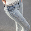 Lady jewelry diamond embroidered street denim pants women light blue hallow out hole jeans punk ankle leggings