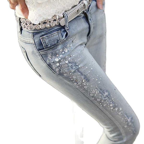 Lady jewelry diamond embroidered street denim pants women light blue hallow out hole jeans punk ankle leggings