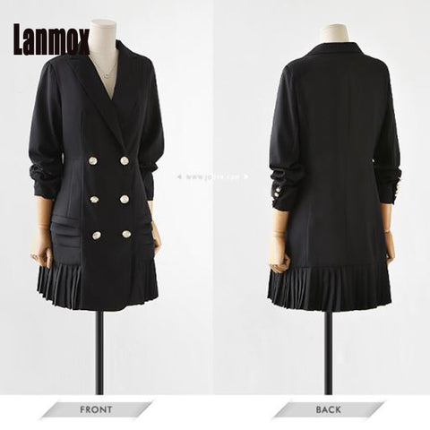 Double Breasted Long Suit Blazer Femme Autumn Winter Slim Bottom Pleated Women Coat Jacket Casual Outwear Plus Size