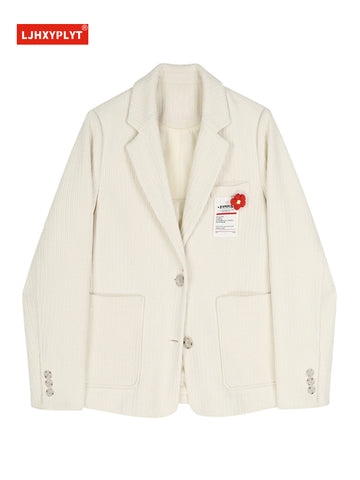 Lapel Red Flower Blazer Coat Women's Spring Autumn Casual Vintage Decoration Office Ladies Long Sleeve Suit Tops Female