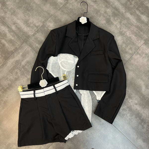 Lapel long sleeve stitching lace strap short suit with shorts female minority wind suit female spring and summer 2023