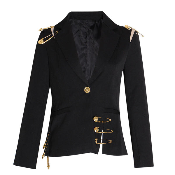 Large Pin Decorative Suit Women's 2023 Mesh Stitching Long-sleeved Slim Slim Coat