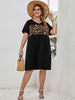 Large Plus Size 4XL Leopard Midi Dress Women Black Patchwork Cotton Short Sleeve O Neck Casual Elegant Oversized Loose Dresses