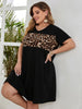 Large Plus Size 4XL Leopard Midi Dress Women Black Patchwork Cotton Short Sleeve O Neck Casual Elegant Oversized Loose Dresses