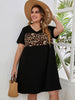 Large Plus Size 4XL Leopard Midi Dress Women Black Patchwork Cotton Short Sleeve O Neck Casual Elegant Oversized Loose Dresses