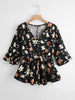 Large Plus Size 4XL Summer 2023 Women Black Floral Print Blouses Half Ruffles Sleeve Peplum Tops Curvy Casual Oversized T-Shirts