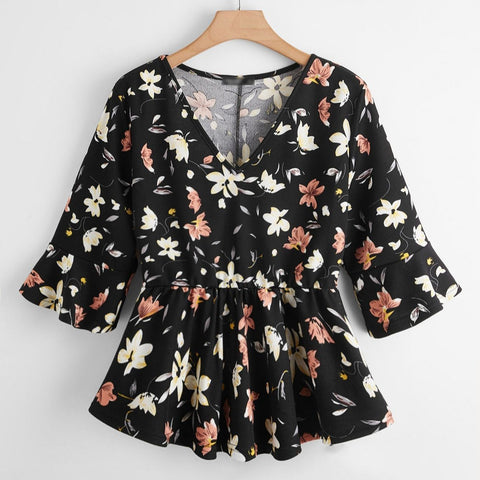 Large Plus Size 4XL Summer 2023 Women Black Floral Print Blouses Half Ruffles Sleeve Peplum Tops Curvy Casual Oversized T-Shirts