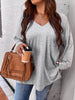 Large Plus Size 4xl Tops Women Autumn Summer 2023 Grey Solid Blouse Pocket Long Sleeve V Neck Loose Oversized Ladies T-shirts