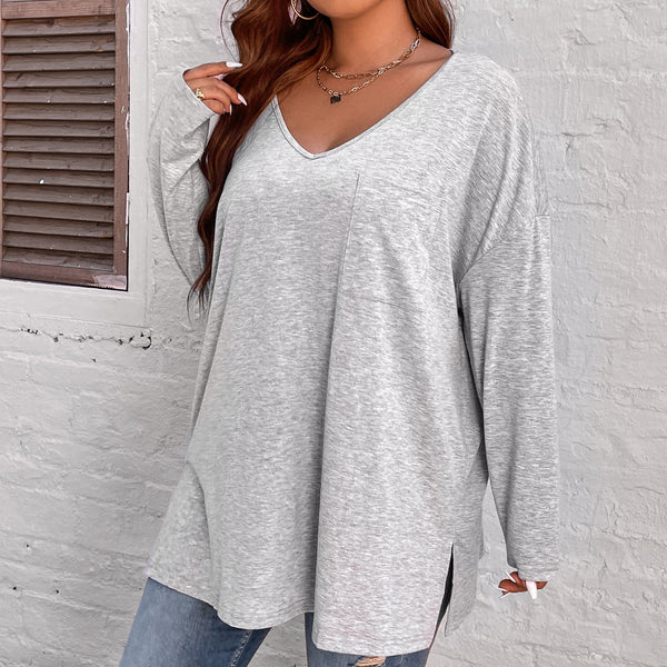 Large Plus Size 4xl Tops Women Autumn Summer 2023 Grey Solid Blouse Pocket Long Sleeve V Neck Loose Oversized Ladies T-shirts