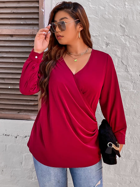 Large Plus Size 4xl Women 2023 Autumn Winter Fit Curvy Long Sleeve T Shirt Loose Red Tops V Neck Casual Solid Ladies Blouses