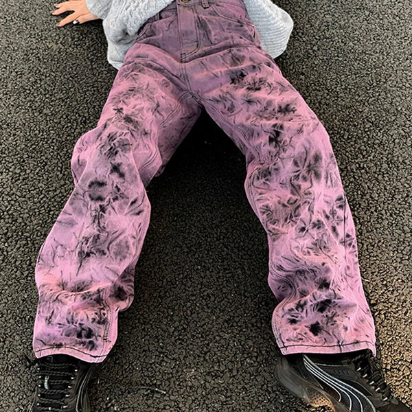 Large Size 5XL Purple Tie-dye Jeans Women Spring And Autumn Street Personality Loose Drape Straight Denim Trousers