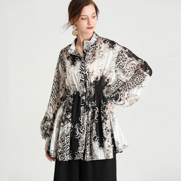 Large Size Ladies' 2023 Spring Loose Causal Shirts Batwing Sleeve Plus Size Stand Collar Collect Waist Tops shirt