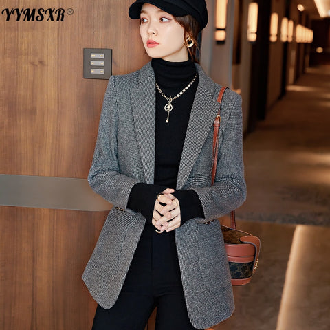 Large Size Women's High-quality Office Suit 2022 Winter Temperament Plaid Mid-length Ladies Jacket All-match Blouse