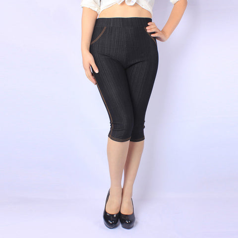 Large Size XL-5XL Imitation Jeans High Elasticity Women Leggings High Waist Solid Color Pocket Knee-length Pant Casual Legging