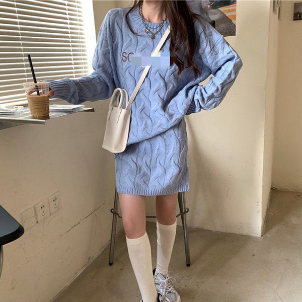 Lazy wind twist sweater + thin knit short skirt suit female spring and autumn Korean two-piece suit