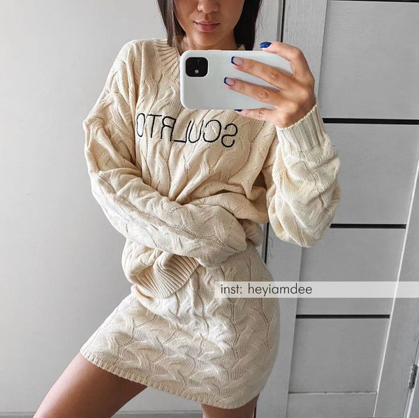 Lazy wind twist sweater + thin knit short skirt suit female spring and autumn Korean two-piece suit