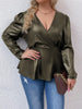 Leather PU Plus Size Peplum Tops Women 4xl Autumn 2023 Large Size Green Blouse Long Sleeve V Neck Vintage Elegant Solid T Shirts