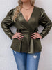 Leather PU Plus Size Peplum Tops Women 4xl Autumn 2023 Large Size Green Blouse Long Sleeve V Neck Vintage Elegant Solid T Shirts