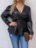 Leather PU Plus Size Peplum Tops Women 4xl Autumn 2023 Large Size Green Blouse Long Sleeve V Neck Vintage Elegant Solid T Shirts