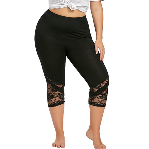 Leggings Women Plus Size 5XL Fitness Clothing High Waist Solid Black Lace Patchwork Capri Elastic Leggings Mujer Dentelle Legins