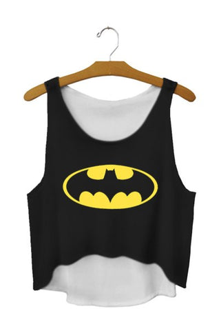 The Batman Sign Cartoon Printed Black Crop Tops Summer Elastic Cute Sexy Tank Top Fitness Women Cropped Vest F669