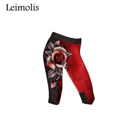 3D print red rose fitness push up high waist capris leggings women plus size Slim punk rock pants