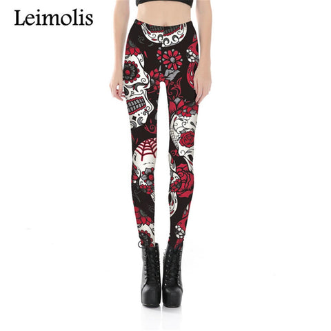 3D printed fitness push up workout leggings women Gothic rose flower skull plus size High Waist punk rock pants