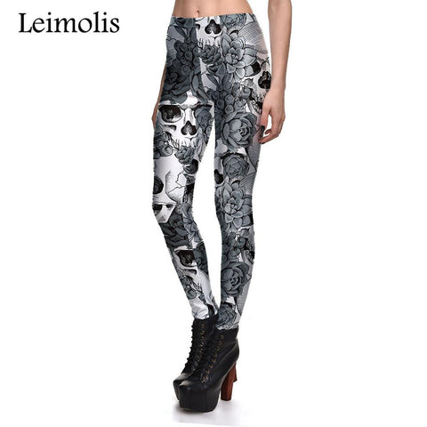 3D printed fitness push up workout leggings women gothic gray rose skull plus size High Waist punk rock pants