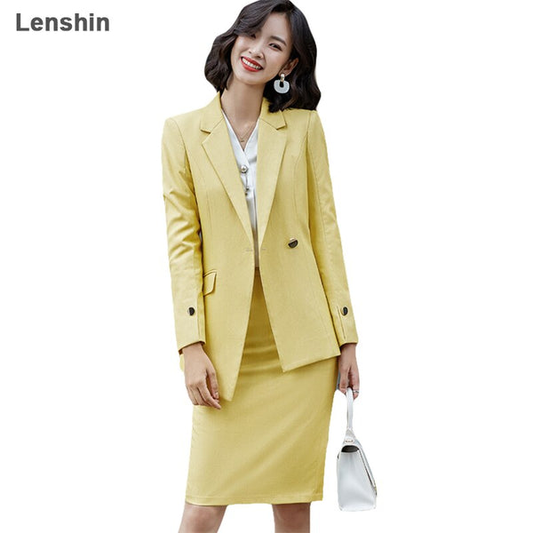 Lenshin 2 Piece Elegant Formal Asymmetry Skirt Suit White Blazer Office Lady Uniform Designs Women Business Sets
