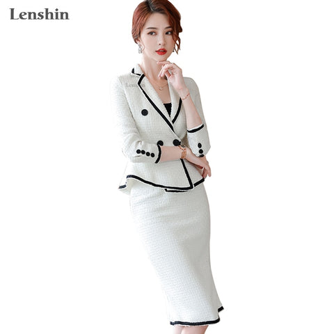 Lenshin 2 Piece Set Elegant Ruffles Formal Patchwork Skirt Suit Blazer Office Lady Uniform Designs Women Business Sets