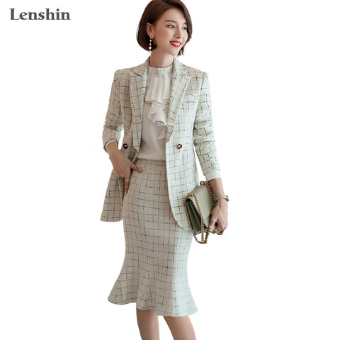 Lenshin 2 Piece Set Rough Formal Trumpet Mermaid Skirt Suit Plaid Blazer Office Lady Uniform Designs Women Business Sets