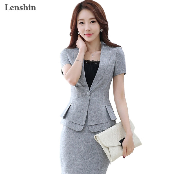 Lenshin 2 Pieces Set summer work wear women's skirt suits Female Formal Short-Sleeve blazer jacket & skirt