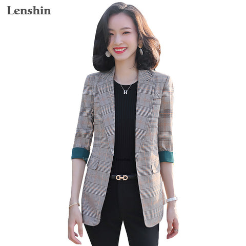 Lenshin Plaid Jacket for Women Summer Wear Female Casual Style Coat Half Sleeve Blazer Contrast Sleeve Tops Outwear
