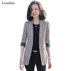 Lenshin Plaid Jacket for Women Summer Wear Female Casual Style Coat Half Sleeve Blazer Contrast Sleeve Tops Outwear