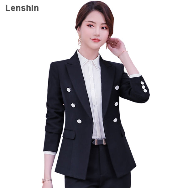 Lenshin Royal Blue Professional Business Jacket for Women Work Wear Office Lady Elegant Female Double Breasted Blazer Coat Top