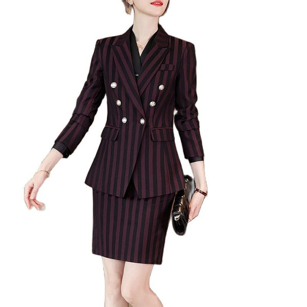 Lenshin  2 Piece Set  Striped Skirt Suit Double Breasted Blazer Office Lady Formal  Women Business Wear
