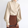 Lentera Besar Lengan Blus Wanita Musim Gugur Musim Dingin Single Breasted Kerah Kemeja Kerja Kantor Blus Solid Vintage Blus Kemeja
