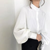 Lentera Besar Lengan Blus Wanita Musim Gugur Musim Dingin Single Breasted Kerah Kemeja Kerja Kantor Blus Solid Vintage Blus Kemeja