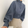 Lentera Besar Lengan Blus Wanita Musim Gugur Musim Dingin Single Breasted Kerah Kemeja Kerja Kantor Blus Solid Vintage Blus Kemeja