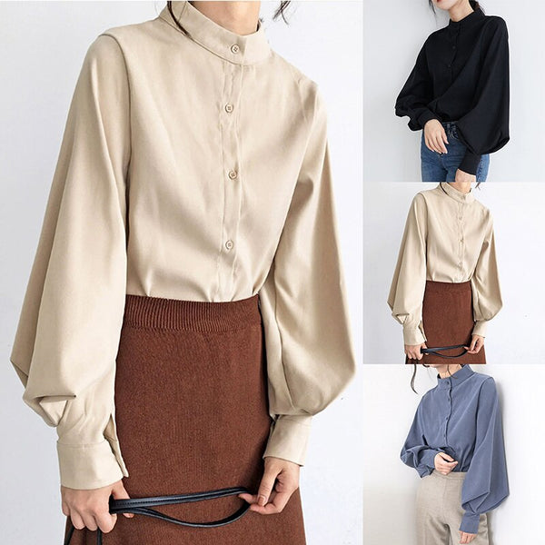 Lentera Besar Lengan Blus Wanita Musim Gugur Musim Dingin Single Breasted Kerah Kemeja Kerja Kantor Blus Solid Vintage Blus Kemeja