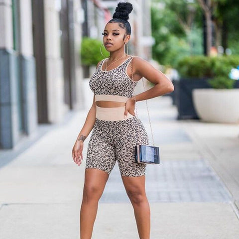 Leopard Print Biker Shorts 2 Piece Set Women Summer Clothes Sleeveless Tank Crop Top Shorts Sets Sweat Suit Sportwear Track Suit