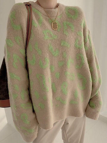 Leopard Print Winter Pullover Women Casual Loose Knitted Sweater Vintage Long Sleeve Knitwear Female O-Neck Warm Jumper