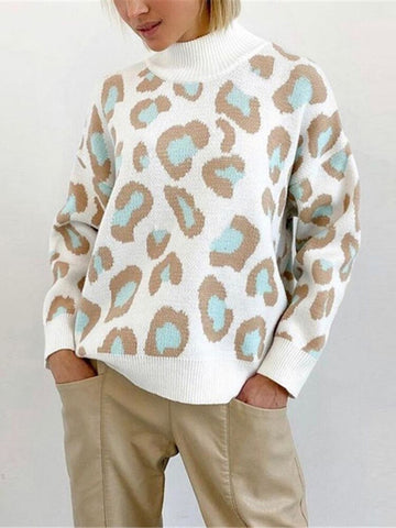 Leopard Print Women's Sweater Winter Casual Turtleneck Knit Pullover Oversized Vintage Long Sleeve Jumper Vintage Loose Knitwear