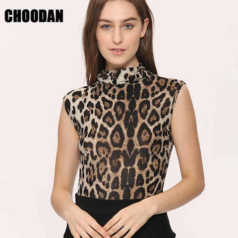 Leopard Tank Top Women Sleeveless Shirt 2022 Summer Autumn Basic Shirts New Fashion Turtleneck Fitness Clothing Female Blouses