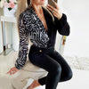 Leopard/Zebra Stripe Spliced Blouse Women Deep V-neck Shirts Office Lady Chic Long Sleeve Tops OL Shirs for Autumn Spring