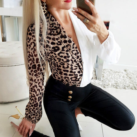 Leopard/Zebra Stripe Spliced Blouse Women Deep V-neck Shirts Office Lady Chic Long Sleeve Tops OL Shirs for Autumn Spring