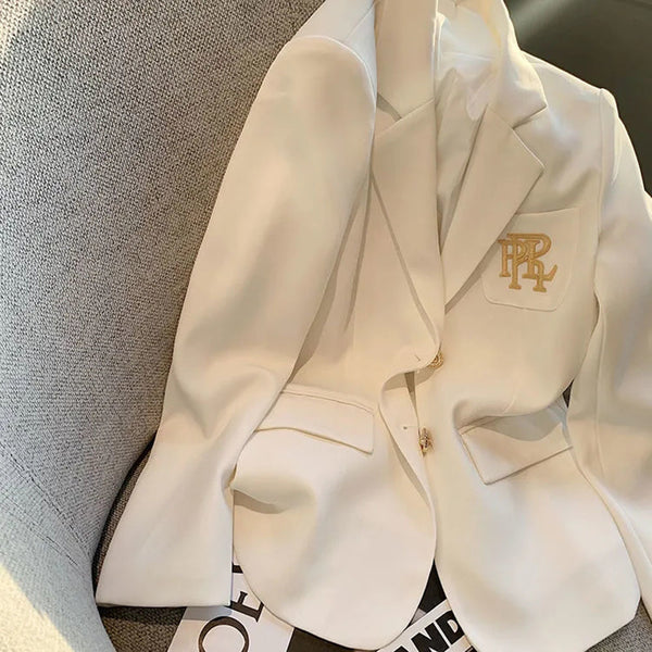Letter Embroidery Single Breasted Loose Office Ladies Blazer  Womens Suit Jacket Autumn Formal Outerwear White Coat